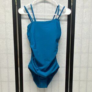 Aqua Green Double Strap High Asymmetrical Neck One Piece Swimsuit Teal NWT